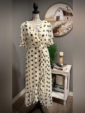 LC Lauren Conrad Cream Wrap Midi Dress with Black Polka Dots